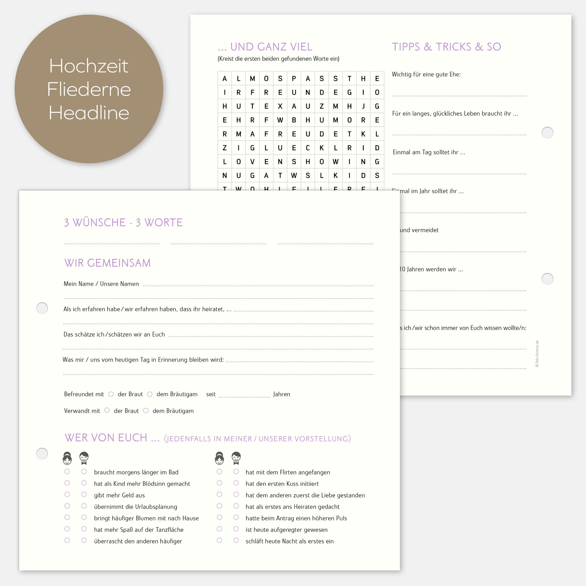 10 Extrabögen Gästebuch Hochzeit klassisch