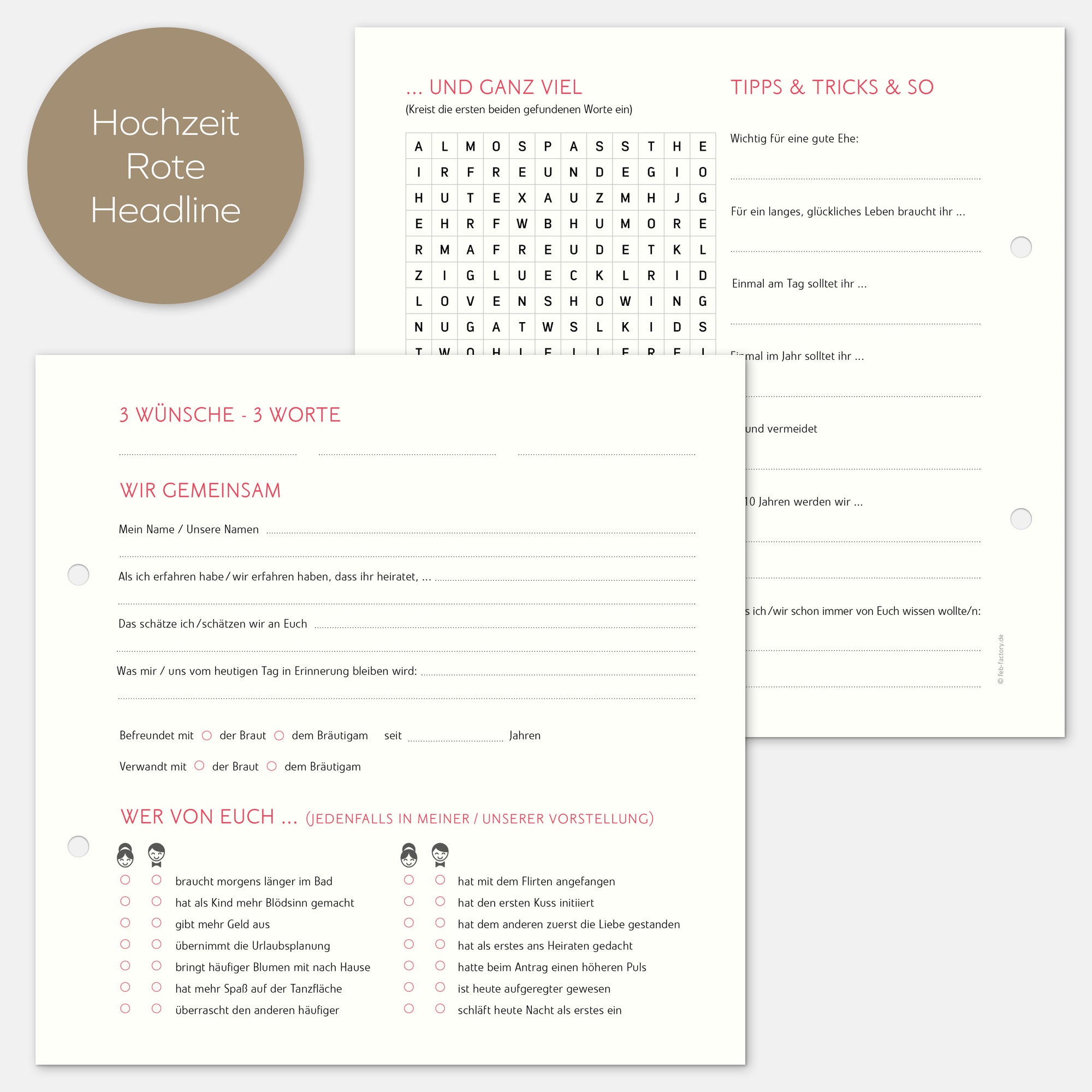 10 Extrabögen Gästebuch Hochzeit klassisch