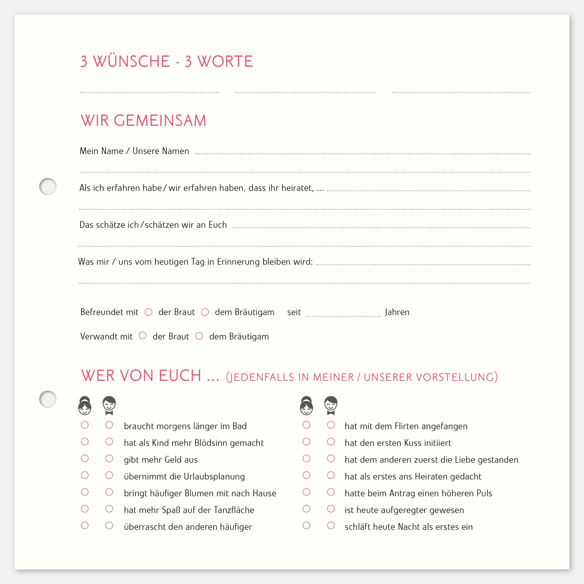 10 Extrabögen Gästebuch Hochzeit klassisch