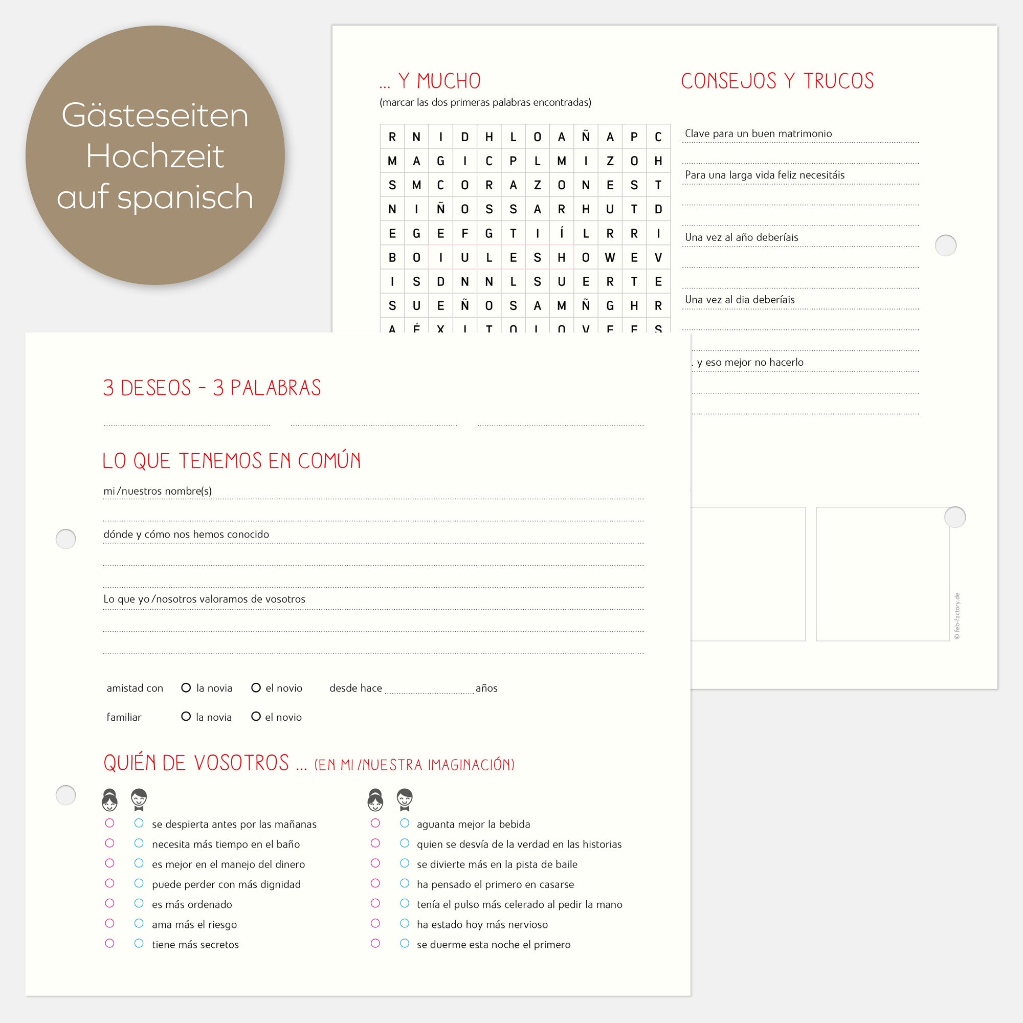 10 Extrabögen in spanisch  Gästebuch Hochzeit