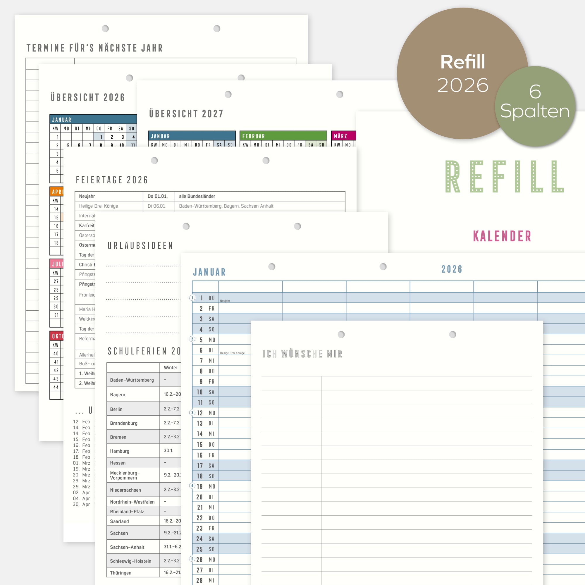 Familienplanerseiten 2026  mit 6 Spalten Refill