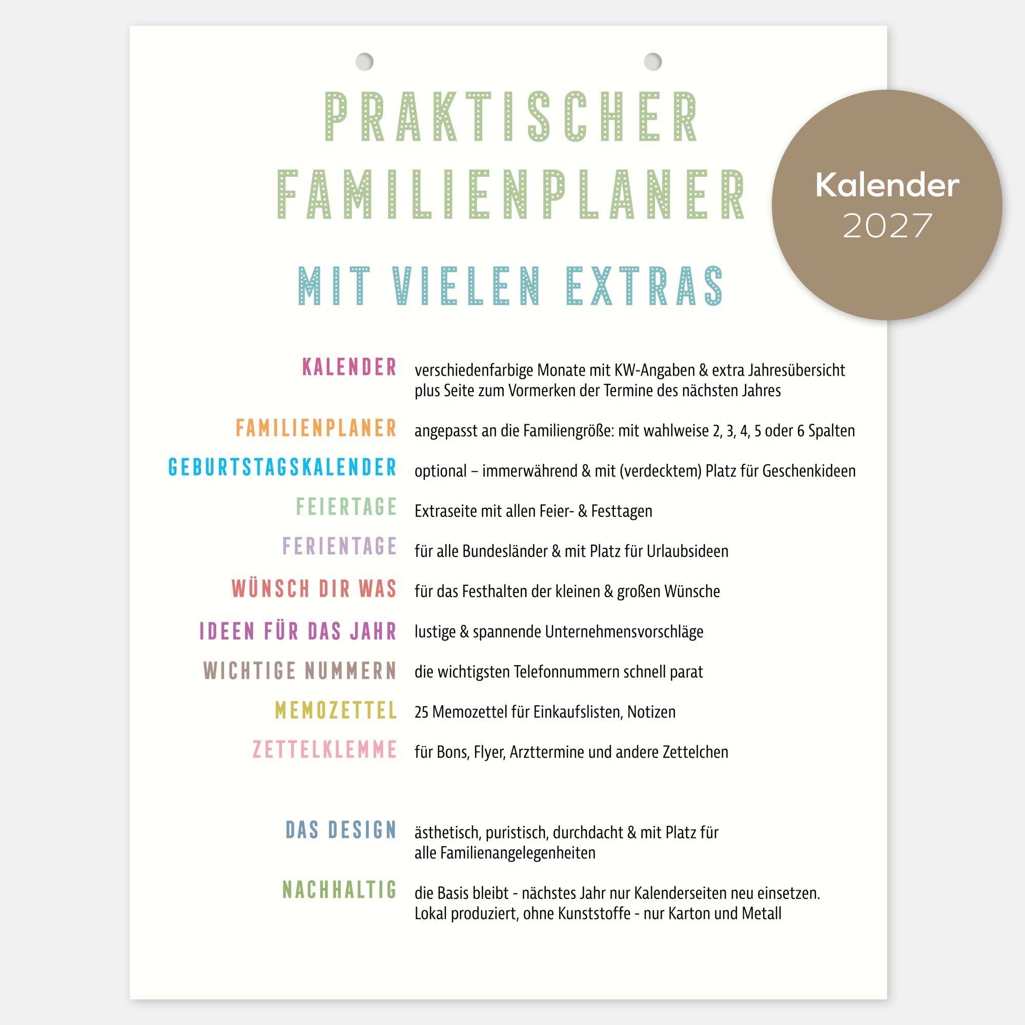 Familienplaner 2027 mit Geburtstagskalender 2-5 Spalten
