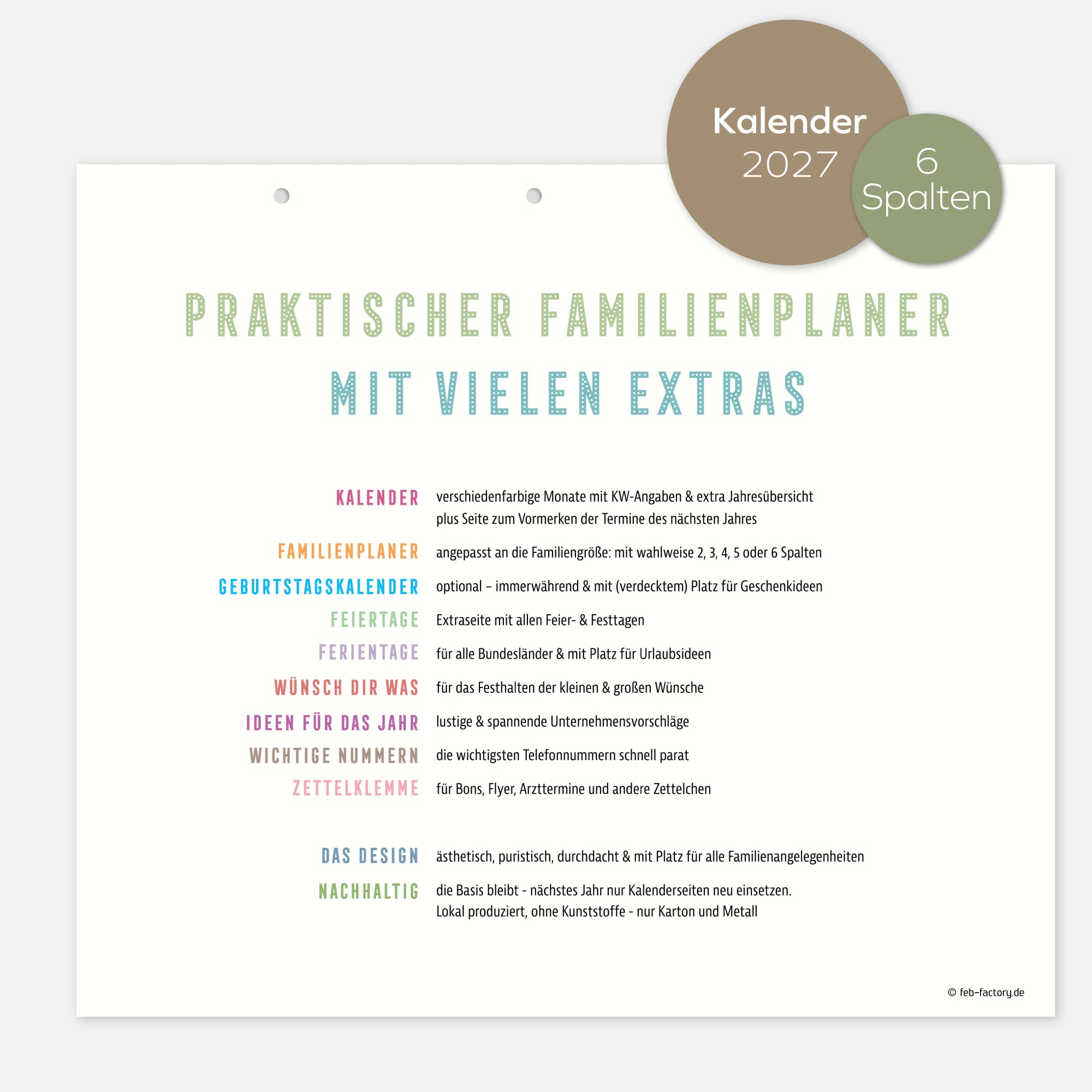 Familienplaner 2027 6 Spalten mit Geburtstagskalender