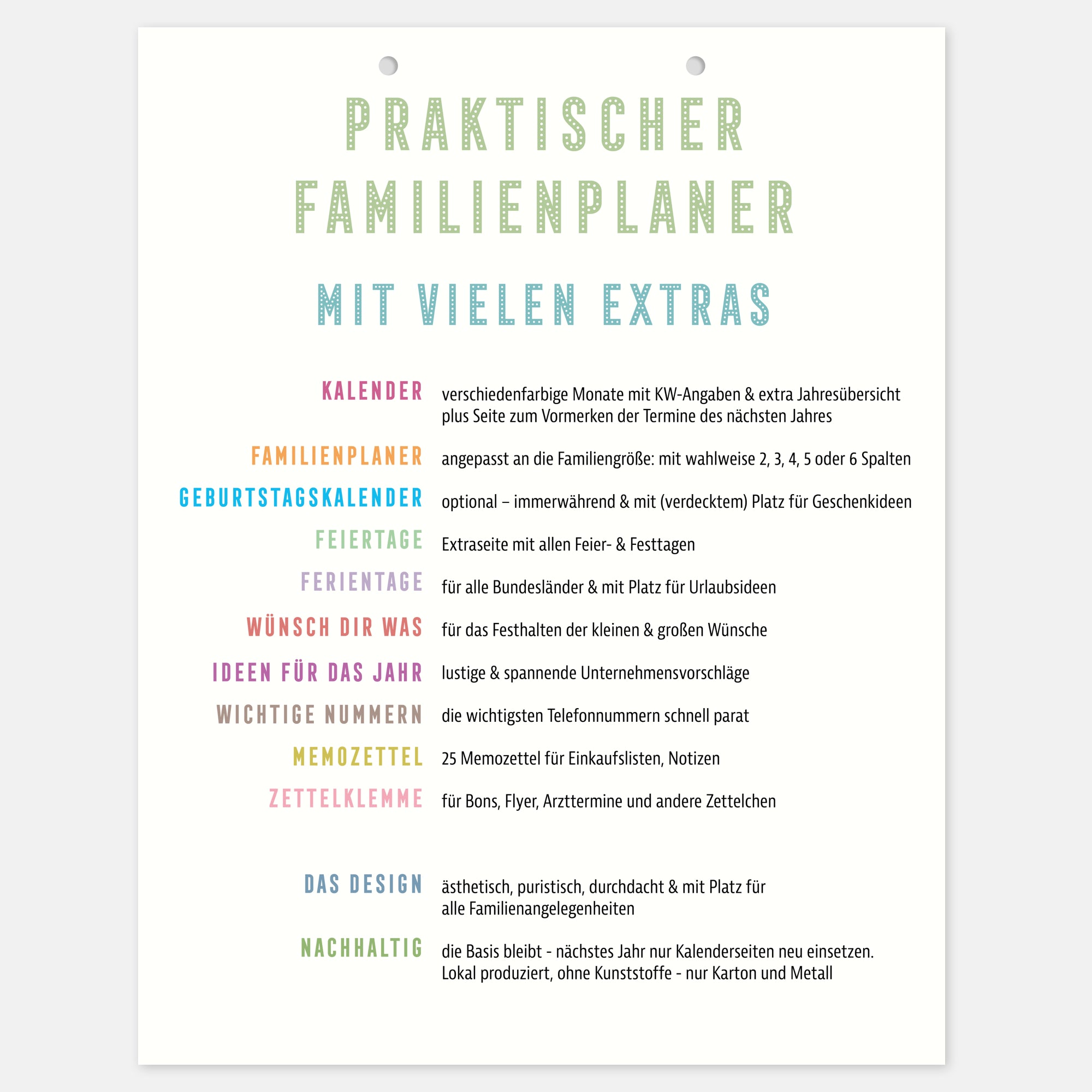 Familienplaner 2026 ohne Geburtstagskalender 2-5 Spalten